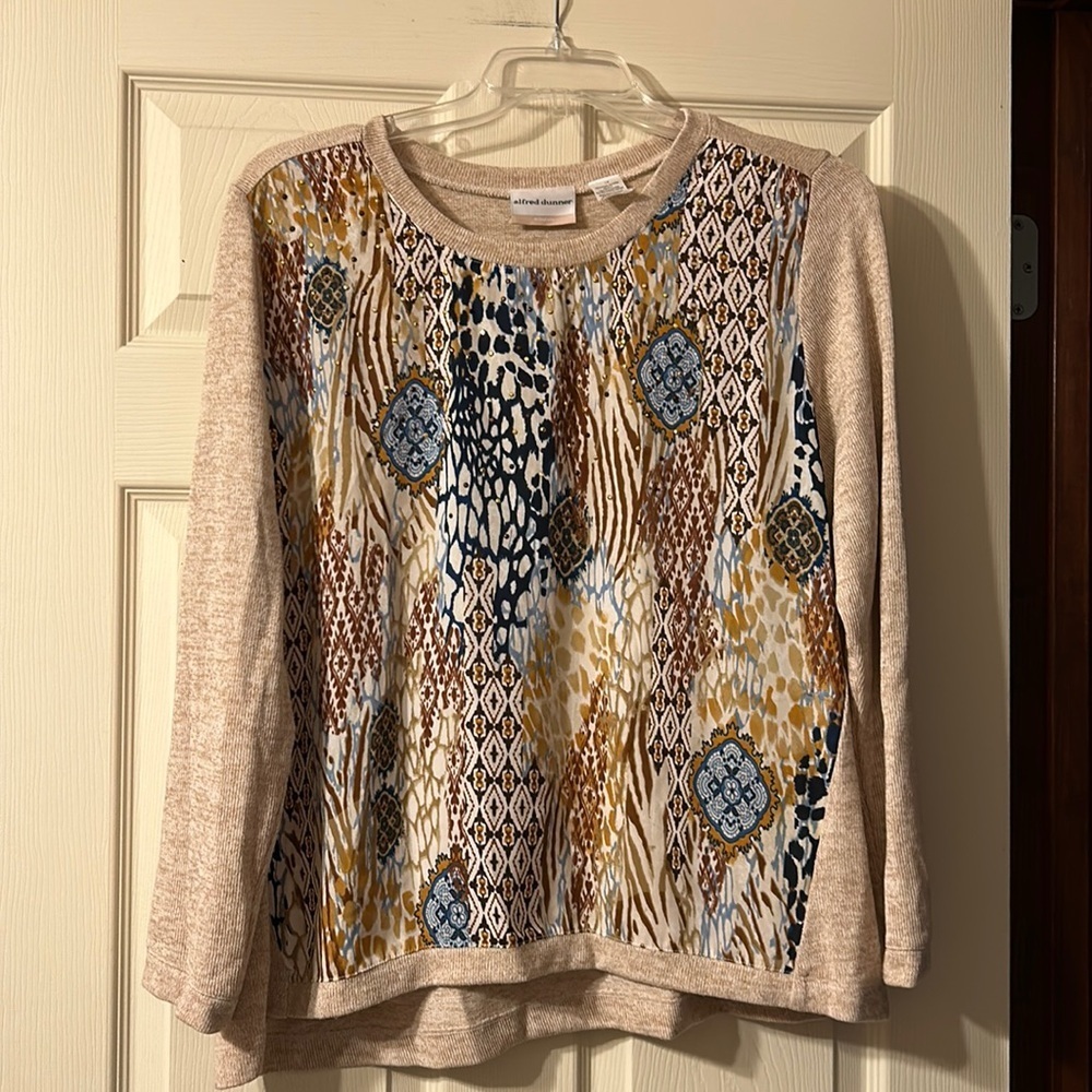 Alfred Dunner Vintage Tan Aztec Embellished Long Sleeve Blouse 1X